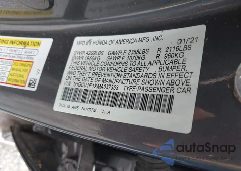 2021 Honda Accord Lx z USA, uszkodzony, nr VIN 1HGCV1F1XMA037353
